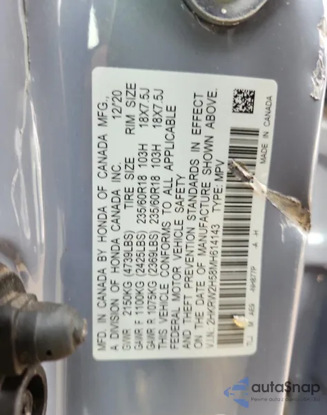 2021 Honda Cr-V Ex из США, поврежденный, VIN 2HKRW2H58MH614143